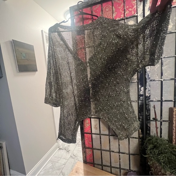 Isabel Taveres Net Pointed Hem Cárdigan Forest Green 2 Button Front Closure OS - Picture 8 of 15